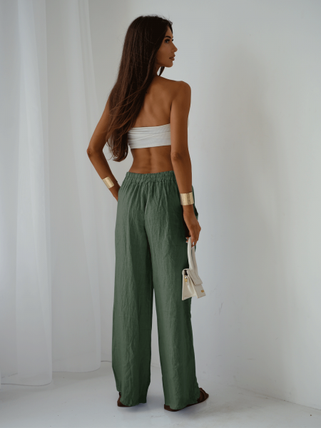 Stylowe lniane spodnie z szerokimi nogawkami ARIELLE - khaki 2