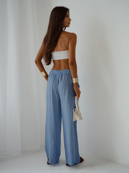 Stylowe lniane spodnie z szerokimi nogawkami ARIELLE - niebieskie 2