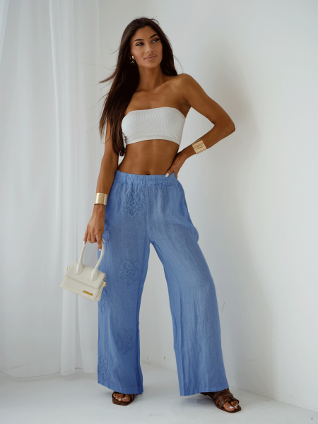 Stylowe lniane spodnie z szerokimi nogawkami ARIELLE - niebieskie