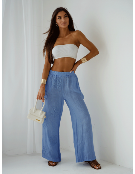 Stylowe lniane spodnie z szerokimi nogawkami ARIELLE - niebieskie