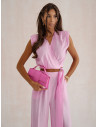 Wiskozowy komplet top wiązany i spodnie ISALA - różowy