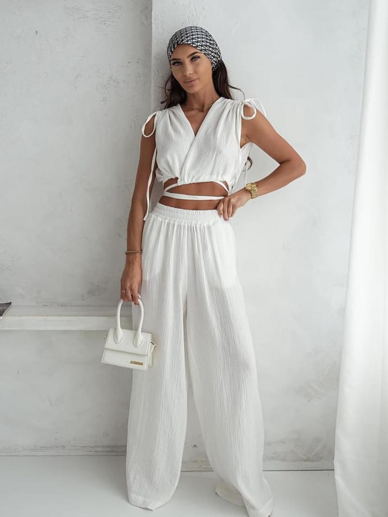 Muślinowy komplet bluzka wiązana i spodnie SOLLY - biały