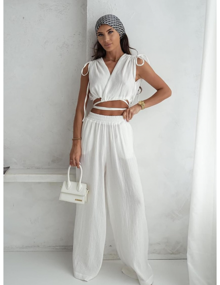 Muślinowy komplet bluzka wiązana i spodnie SOLLY - biały