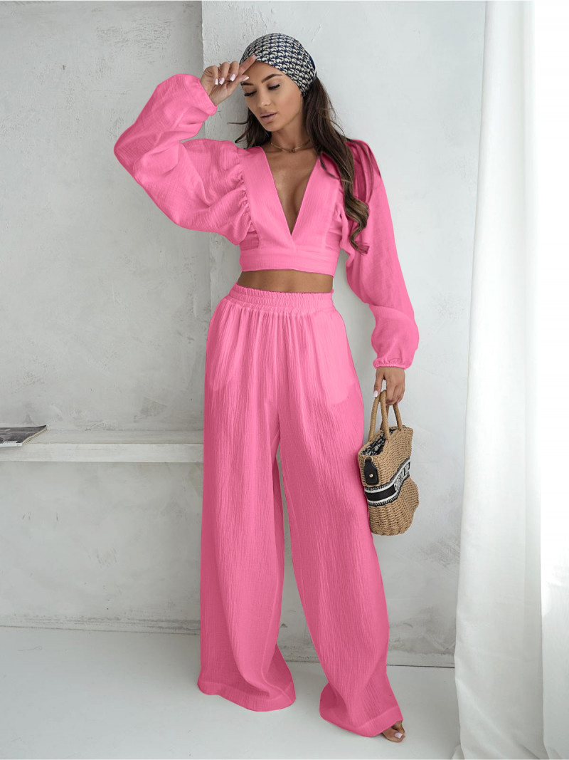 Muślinowy komplet bluzka wiązana i spodnie OXA - różowy