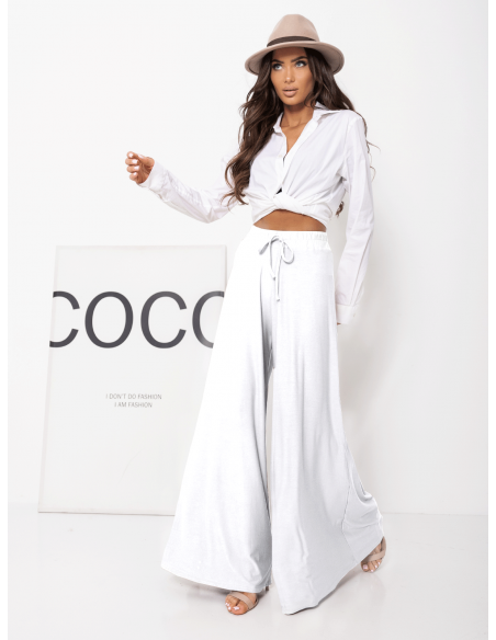 Stylowe szerokie spodnie z wiskozy ANWEN - białe