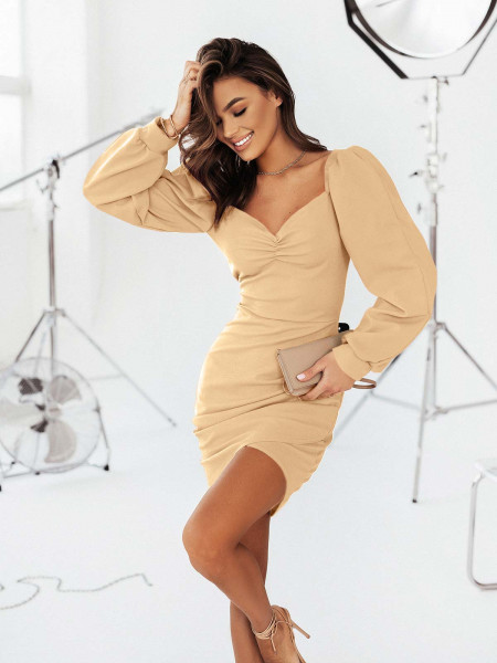 Sukienka z bufiastymi rękawami ADIANA - beżowa