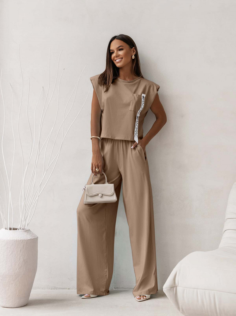 Bawełniany komplet top i szerokie spodnie ZAHIR - mocha mousse