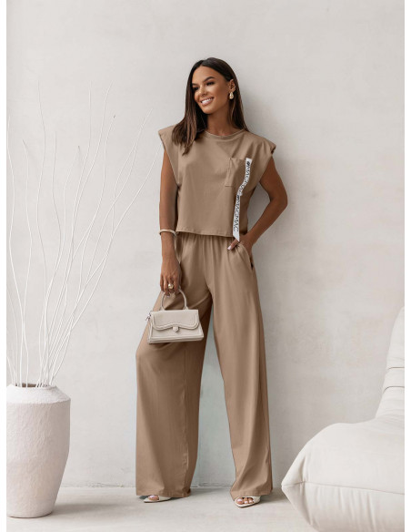 Bawełniany komplet top i szerokie spodnie ZAHIR - mocha mousse