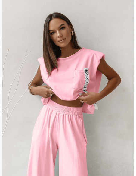 Bawełniany komplet top i szerokie spodnie ZAHIR - pudrowy róż