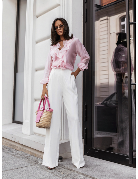 Bluzka koszulowa z tencelu z falbanami MIREVA - pudrowy róż