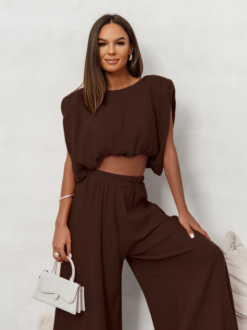 Muślinowy komplet bluzka i spodnie ZAYRA - czekoladowy