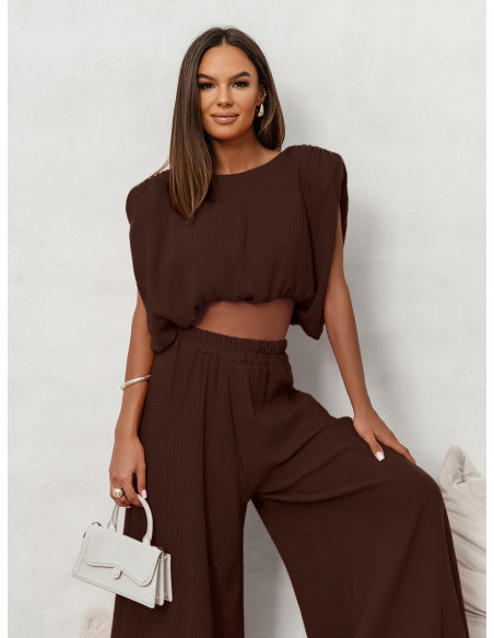 Muślinowy komplet bluzka i spodnie ZAYRA - czekoladowy