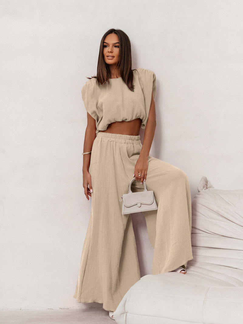 Muślinowy komplet bluzka i spodnie ZAYRA - beżowy