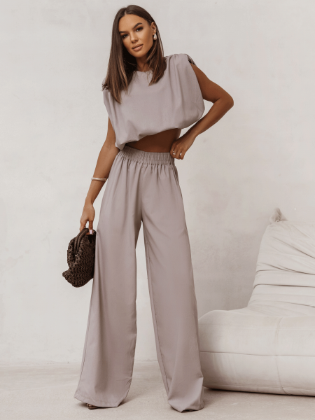 Lniany komplet bluzka i spodnie ENOLA - mocha mousse