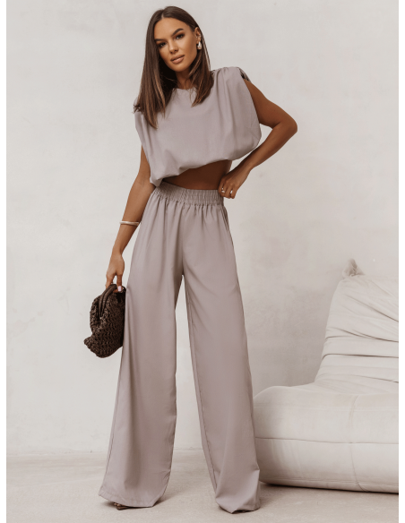Lniany komplet bluzka i spodnie ENOLA - mocha mousse