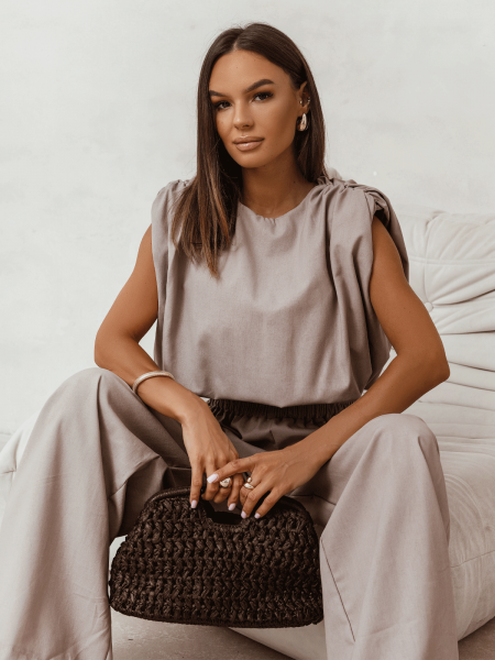 Lniany komplet bluzka i spodnie ENOLA - mocha mousse 2