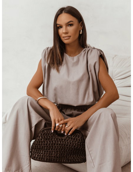 Lniany komplet bluzka i spodnie ENOLA - mocha mousse