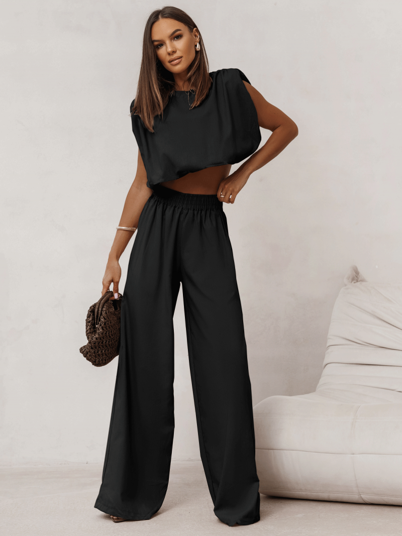 Lniany komplet bluzka i spodnie ENOLA - czarny