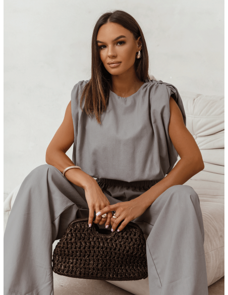 Lniany komplet bluzka i spodnie ENOLA - szary