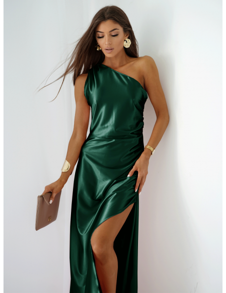Satynowa sukienka maxi na jedno ramię MINNIE - butelkowa zieleń