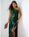 Satynowa sukienka maxi na jedno ramię MINNIE - butelkowa zieleń