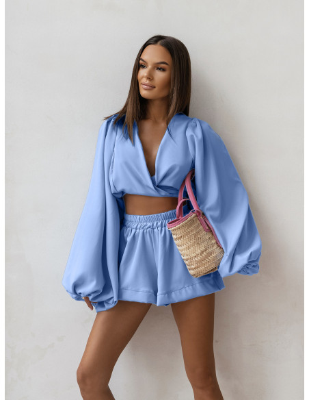 Komplet bluzka wiązana i spodenki MOELI - błękitny
