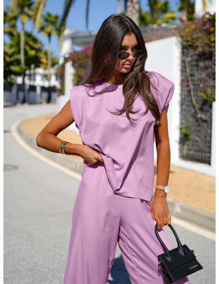 Stylowy komplet bluzka i szerokie spodnie PALMERA - liliowy