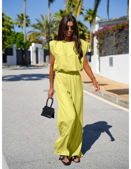 Stylowy komplet bluzka i szerokie spodnie PALMERA - bananowy