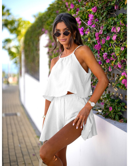 Muślinowy komplet top i spódnico-spodenki SANDY - biały