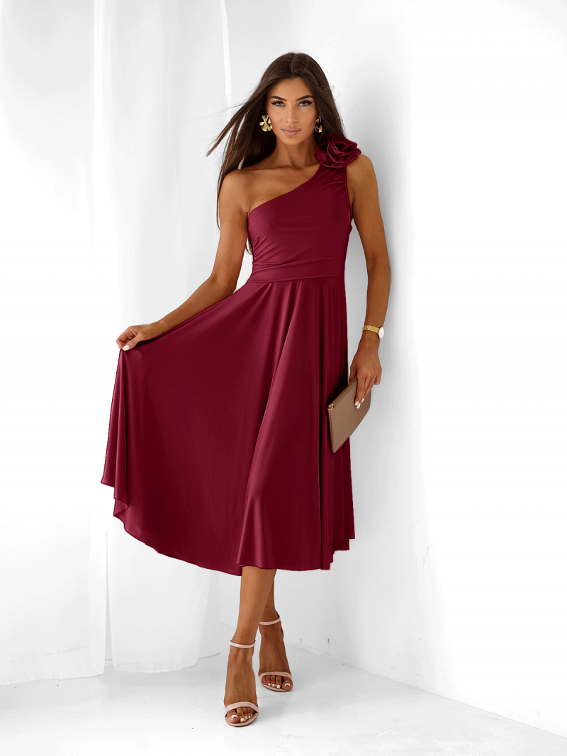 Sukienka midi na jedno ramię AMIREA - bordowa