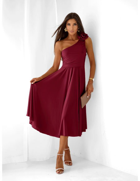 Sukienka midi na jedno ramię AMIREA - bordowa