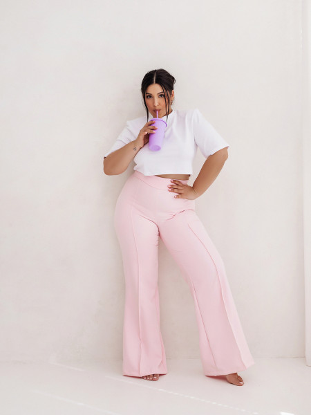 WP eleganckie szerokie spodnie plus size - pudrowy róż
