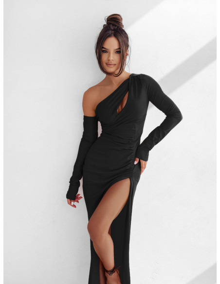 WP maxi sukienka na jedno ramię z rozcięciem - czarna