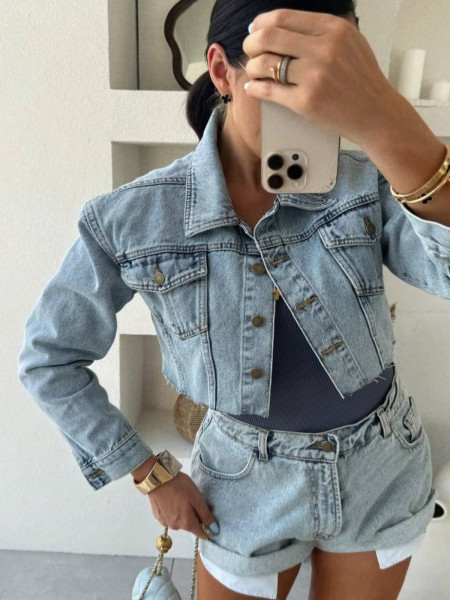 Krótka kurtka katana jeansowa SOMMA - niebieska