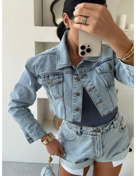 Krótka kurtka katana jeansowa SOMMA - niebieska