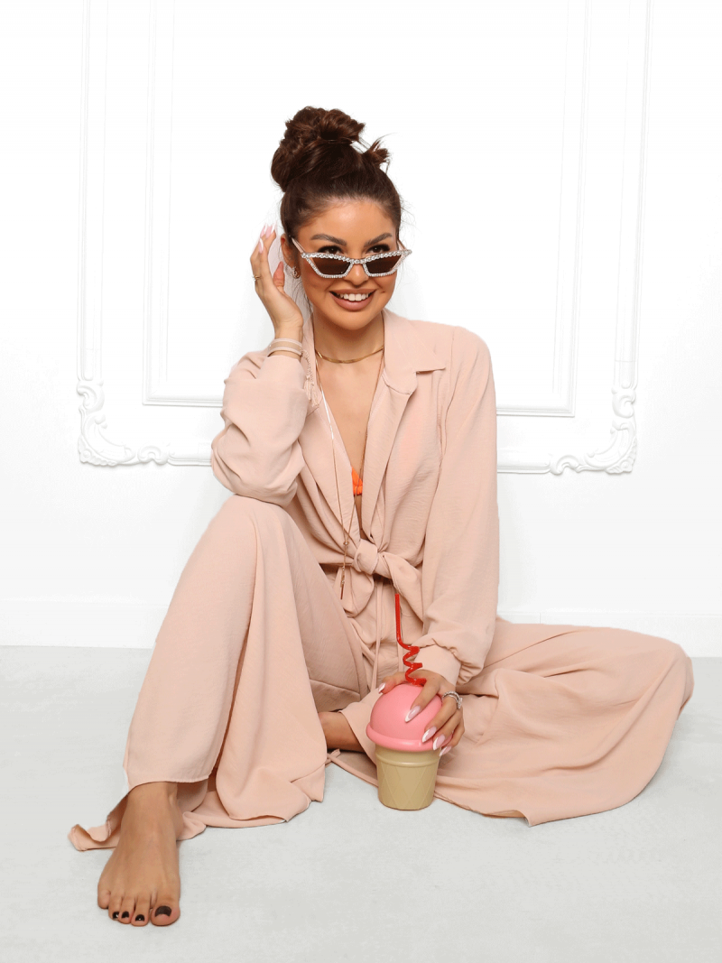 WP komplet wiązana koszula i szerokie spodnie - beżowy