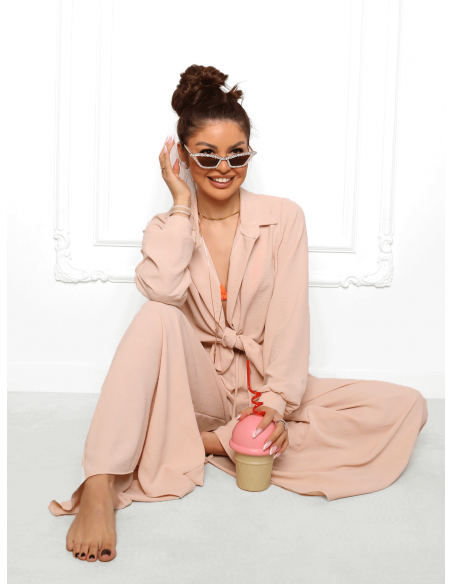 WP komplet wiązana koszula i szerokie spodnie - beżowy