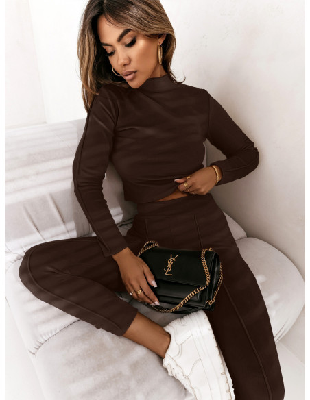 Welurowy komplet bluzka+spodnie SERANO - czekoladowy