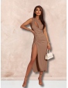 Elegancka midi sukienka na jedno ramię ATHENA - cappuccino