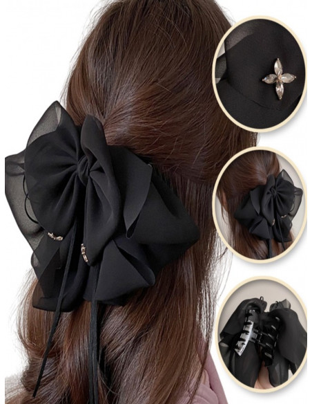 Spinka do włosów klamra kokarda tiulowa - czarna