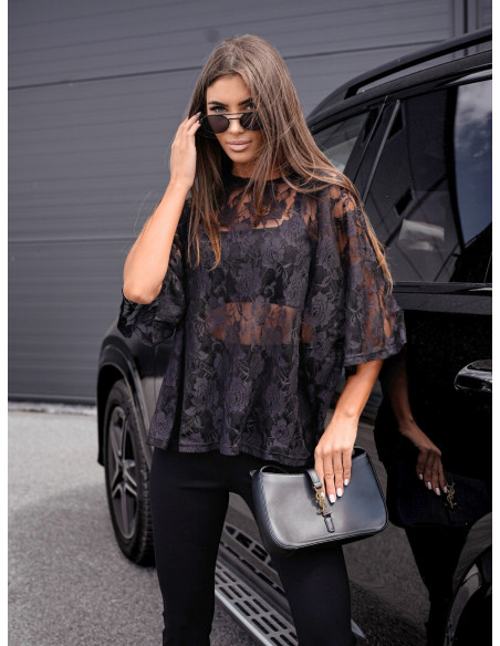 Koronkowa bluzka t-shirt SOLIA - czarna