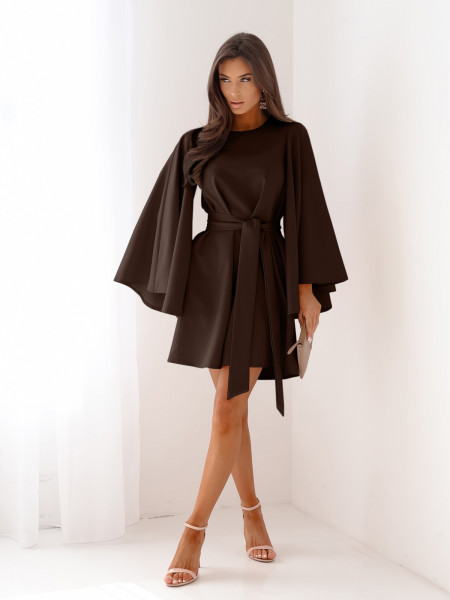 Trapezowa sukienka z szerokimi rękawami ENJA - czekoladowa 2