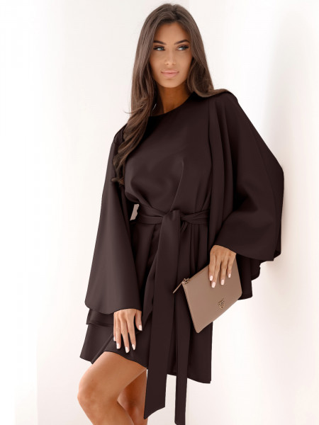 Trapezowa sukienka z szerokimi rękawami ENJA - czekoladowa