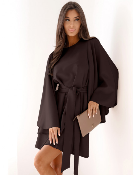 Trapezowa sukienka z szerokimi rękawami ENJA - czekoladowa