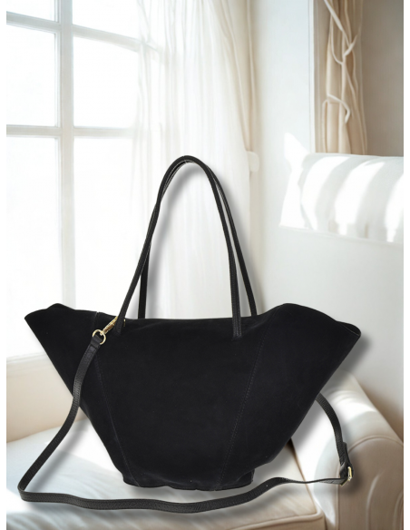 Skórzana torebka zamszowa shopper - czarna