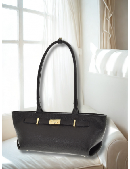 Skórzana torebka na długich rączkach - czarna