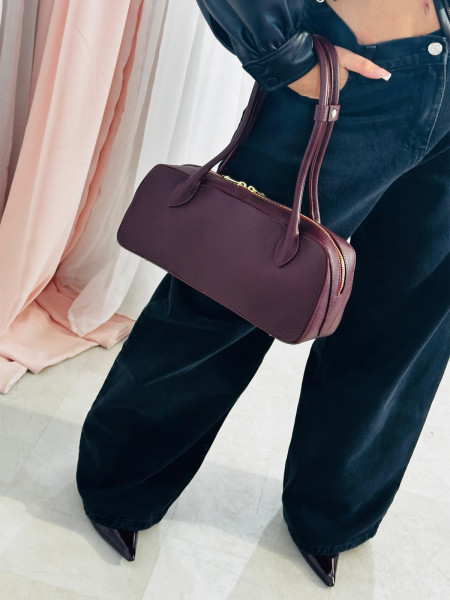Skórzana torebka kuferek na długich rączkach - bordowa