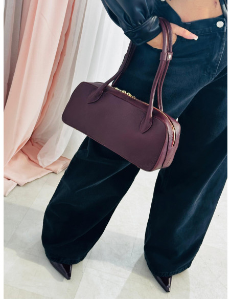 Skórzana torebka kuferek na długich rączkach - bordowa