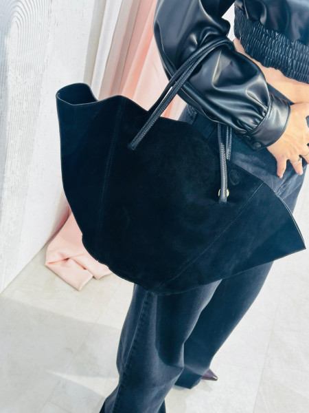 Skórzana torebka zamszowa shopper - czarna