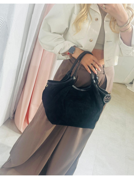 Skórzana zamszowa torebka worek - czarna